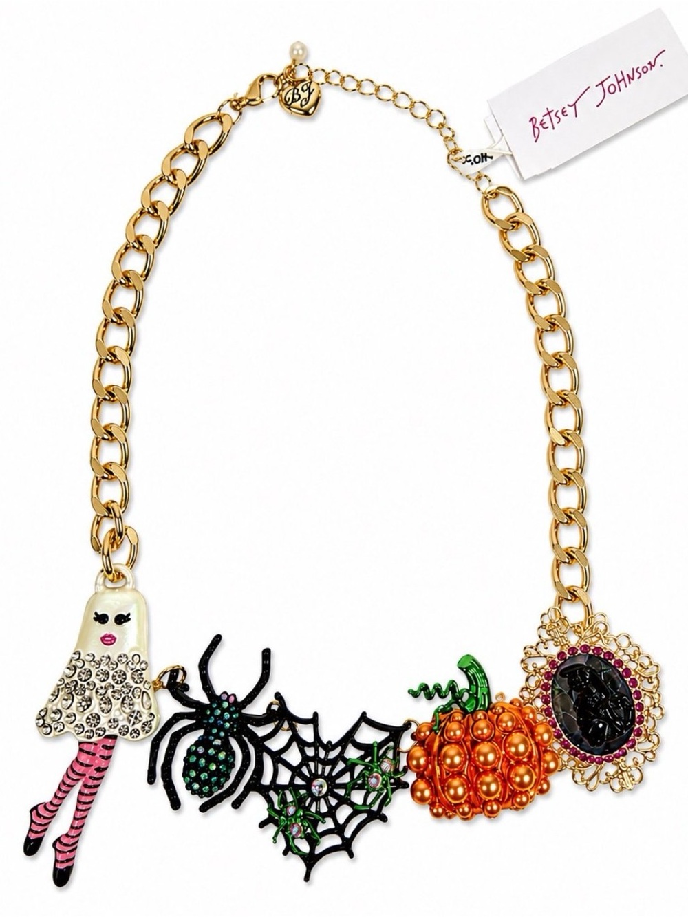 BETSEY JOHNSON Halloween Dancing Ghost Spider Web Pumpkin Cat Cameo Necklace NWT